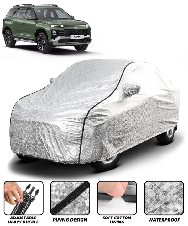 Carzex Waterproof & Heat Resistant Metallic Silver With Black Border Car Body Cover with Mirror Pockets For Hyundai Alcazar
